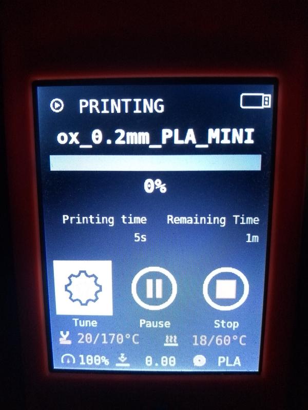 A screenshot of the Prusa Mini Firmware. The Tune symbol is selected during an ongoing print.