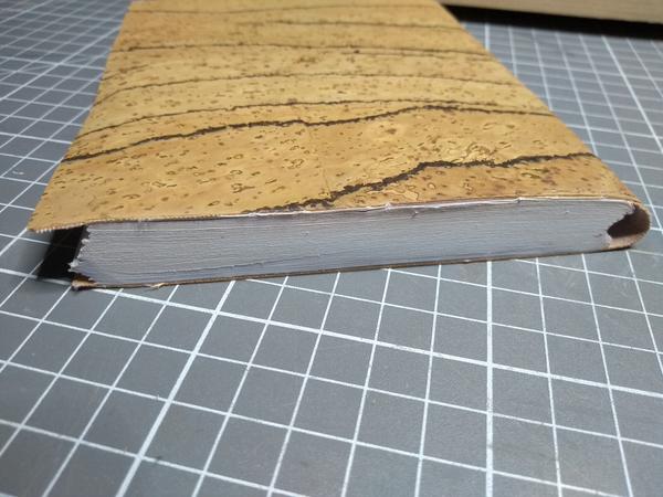 The notebook up close, with one face sanded to be reasonably straight. The look is still somewhat ragged.