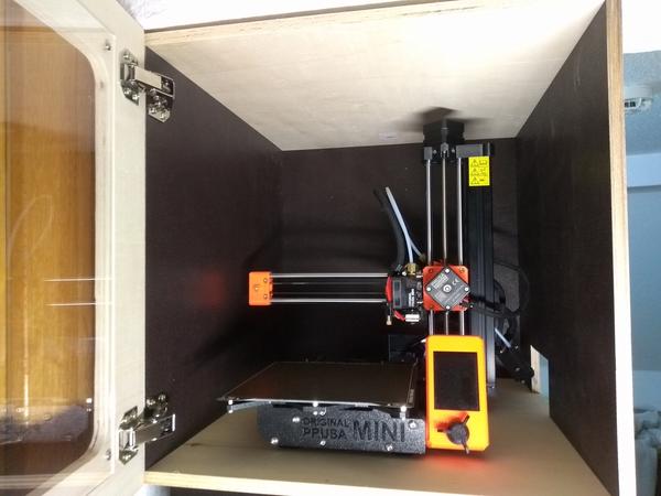 Prusa Mini enclosure, view from the front, door open.