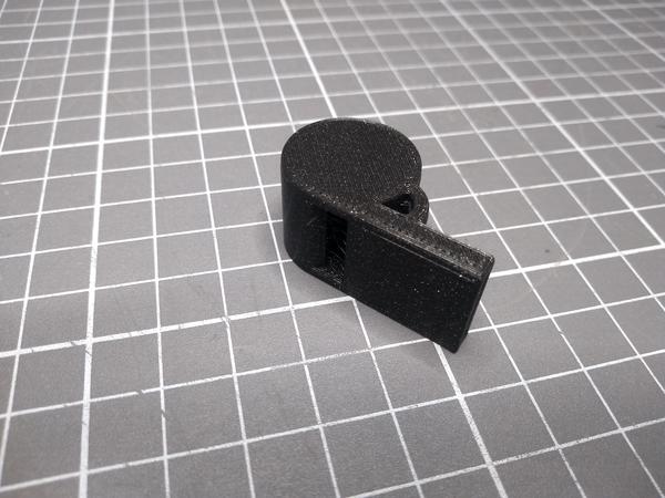 A 3D-printed whistle with a holder thingy to put a string through.